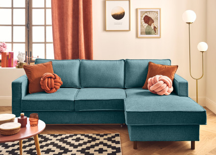 Canapé d'angle droit 4 places convertible en tissu velours relief Jake