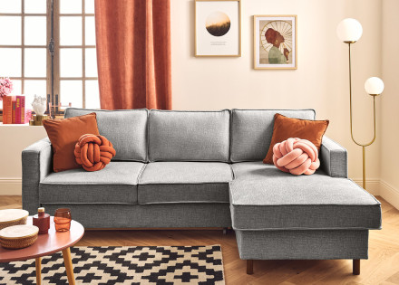 Canapé d'angle droit 4 places convertible en tissu velours relief Jake