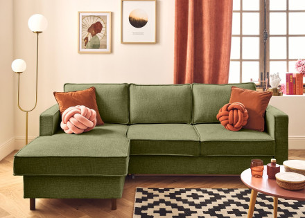 Canapé d'angle gauche 4 places convertible en tissu velours relief Jake