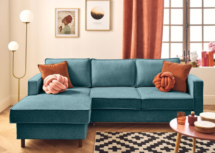 Canapé d'angle gauche 4 places convertible en tissu velours relief Jake
