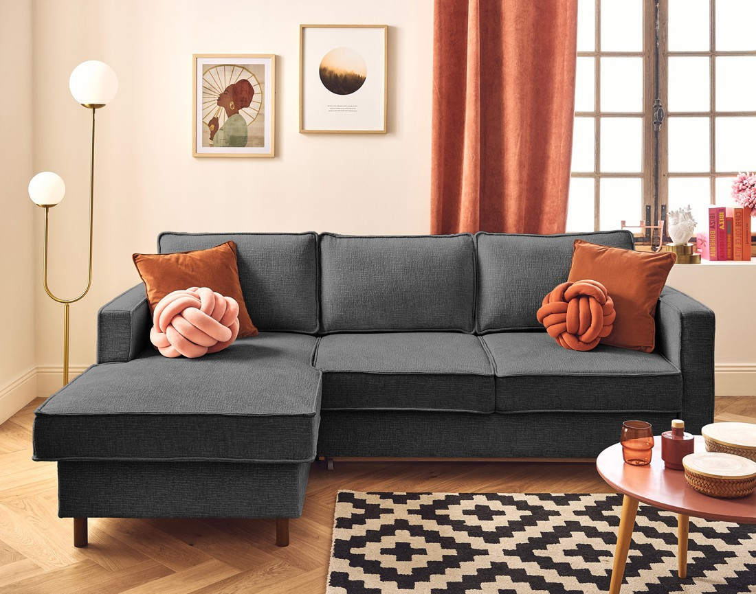 Canapé d'angle gauche 4 places convertible en tissu velours relief Jake