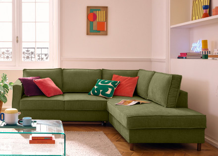 Canapé d'angle droit 5 places convertible en tissu velours relief Jake