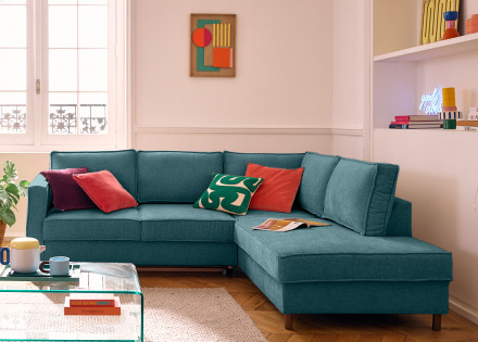 Canapé d'angle droit 5 places convertible en tissu velours relief Jake