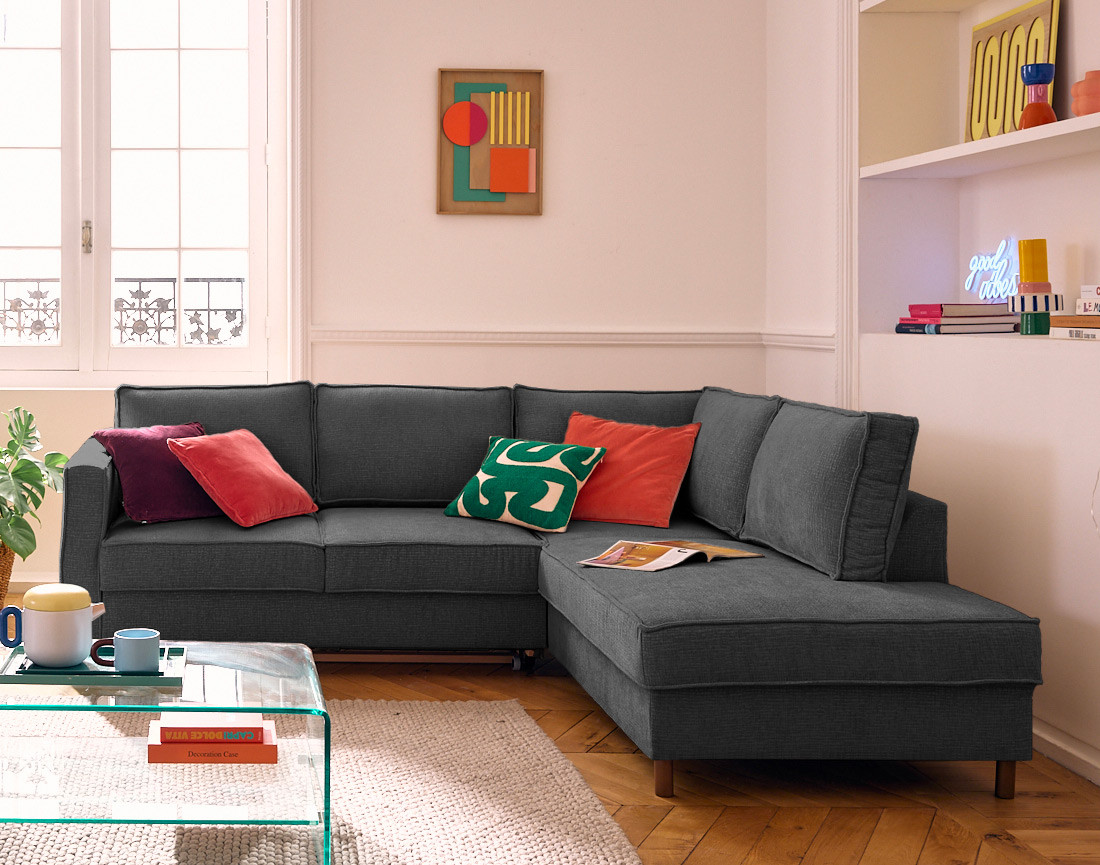 Canapé d'angle droit 5 places convertible en tissu velours relief Jake