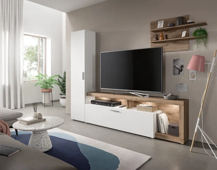 Ensemble meuble TV bois et blanc 218 cm Bromley