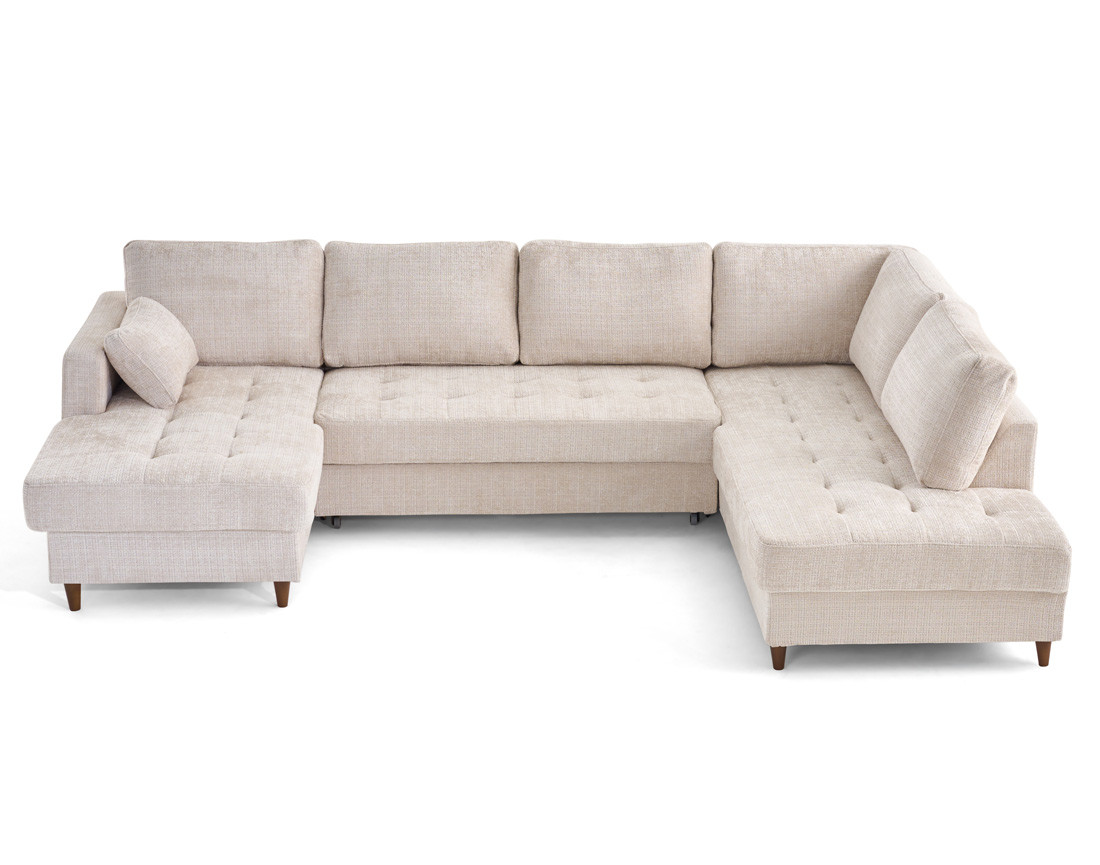 Canapé panoramique d'angle droit 7 places convertible avec coffre en velours texturé Anna