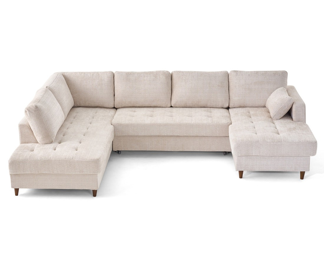 Canapé panoramique d'angle gauche 7 places convertible avec coffre en velours texturé Anna