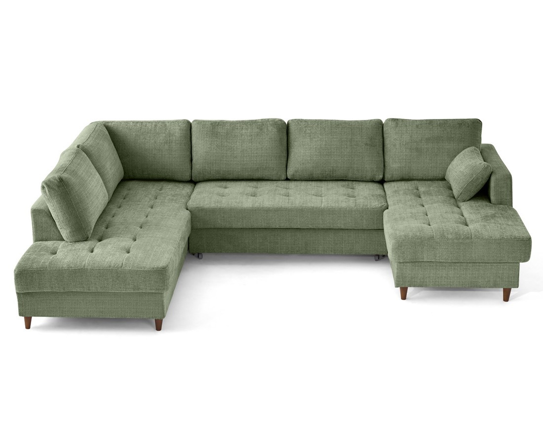 Canapé panoramique d'angle gauche 7 places convertible avec coffre en velours texturé Anna