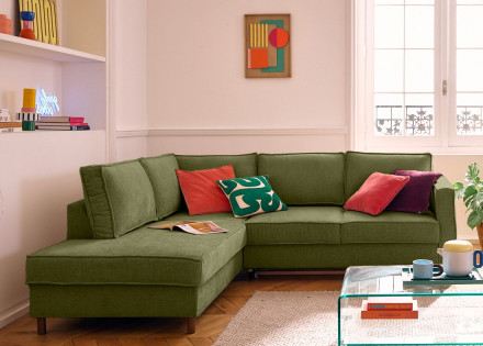 Canapé d'angle gauche 5 places convertible en tissu velours relief Jake