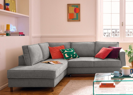 Canapé d'angle gauche 5 places convertible en tissu velours relief Jake