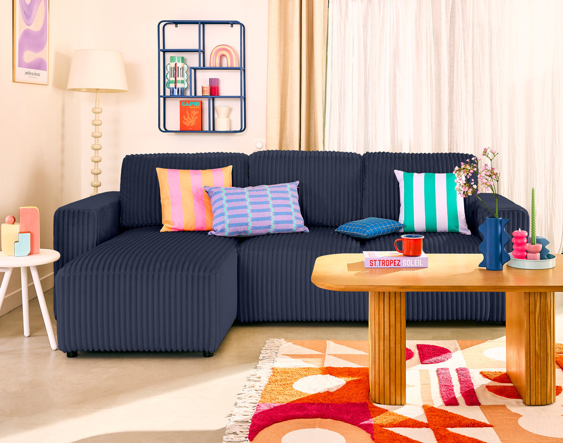 Canapé d'angle 4 places convertible en velours grosses côtes Livy