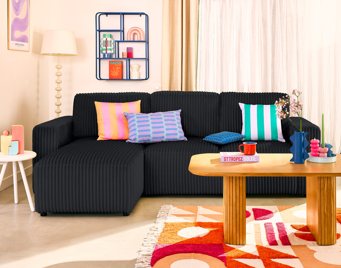 Canapé d'angle 4 places convertible en velours grosses côtes Livy Canapé d'angle 4 places convertible en velours grosses côtes Livy