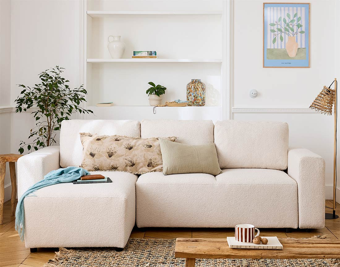 Canapé d'angle réversible 4 places convertible en tissu bouclette Livy