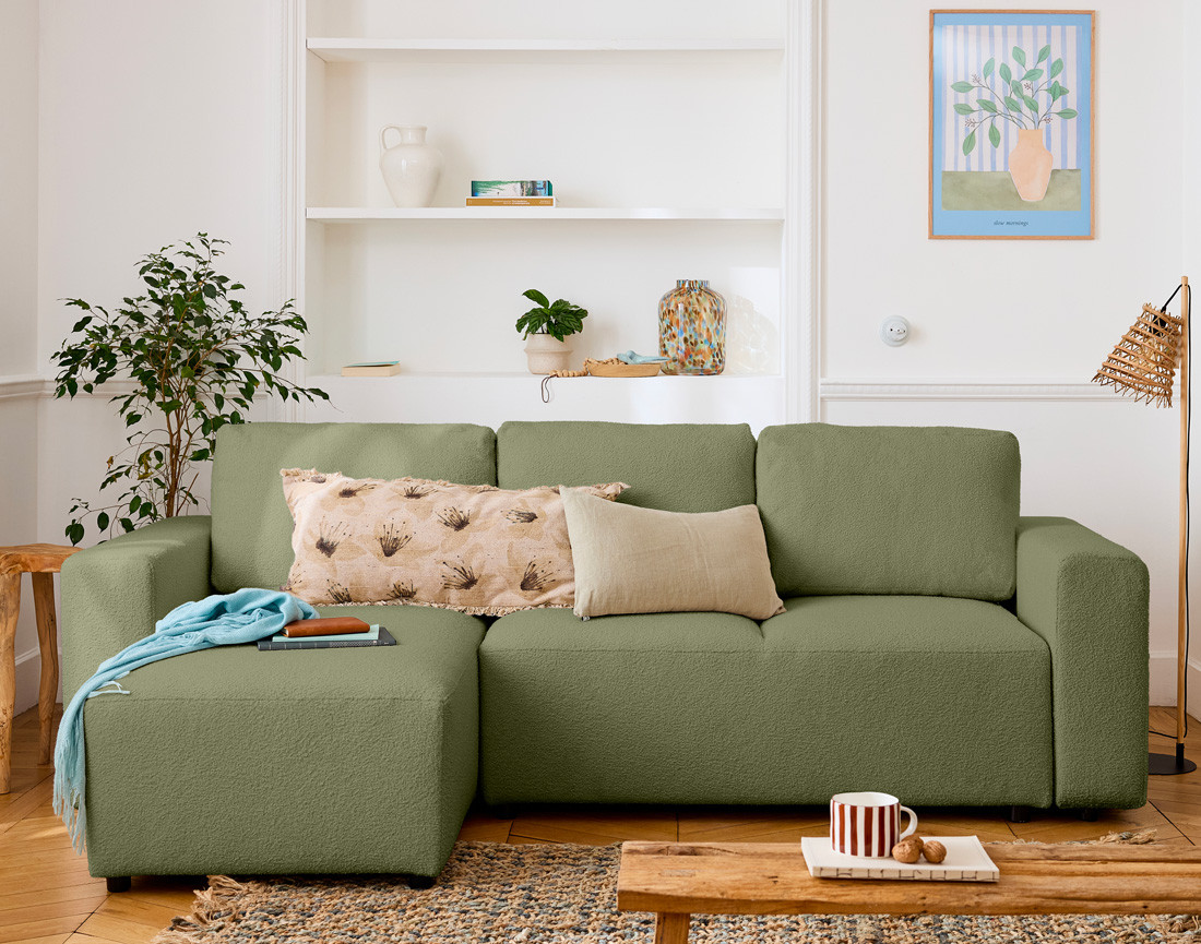 Canapé d'angle réversible 4 places convertible en tissu bouclette Livy