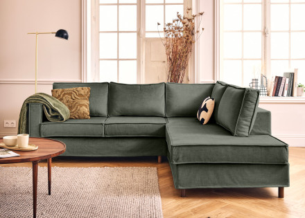 Canapé déhoussable d'angle droit 5 places en velours Jake