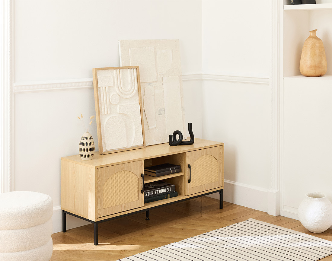 Meuble TV bois 2 portes et 2 niches 120 cm Nagato