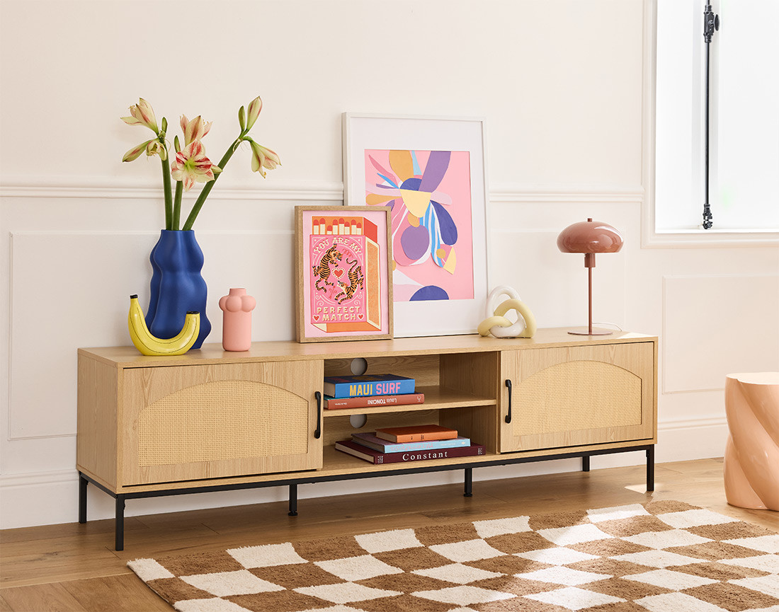 Meuble TV bois 2 portes et 2 niches 180 cm Nagato