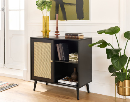 Buffet haut noir et cannage 2 niches et 1 porte 80 cm Goto