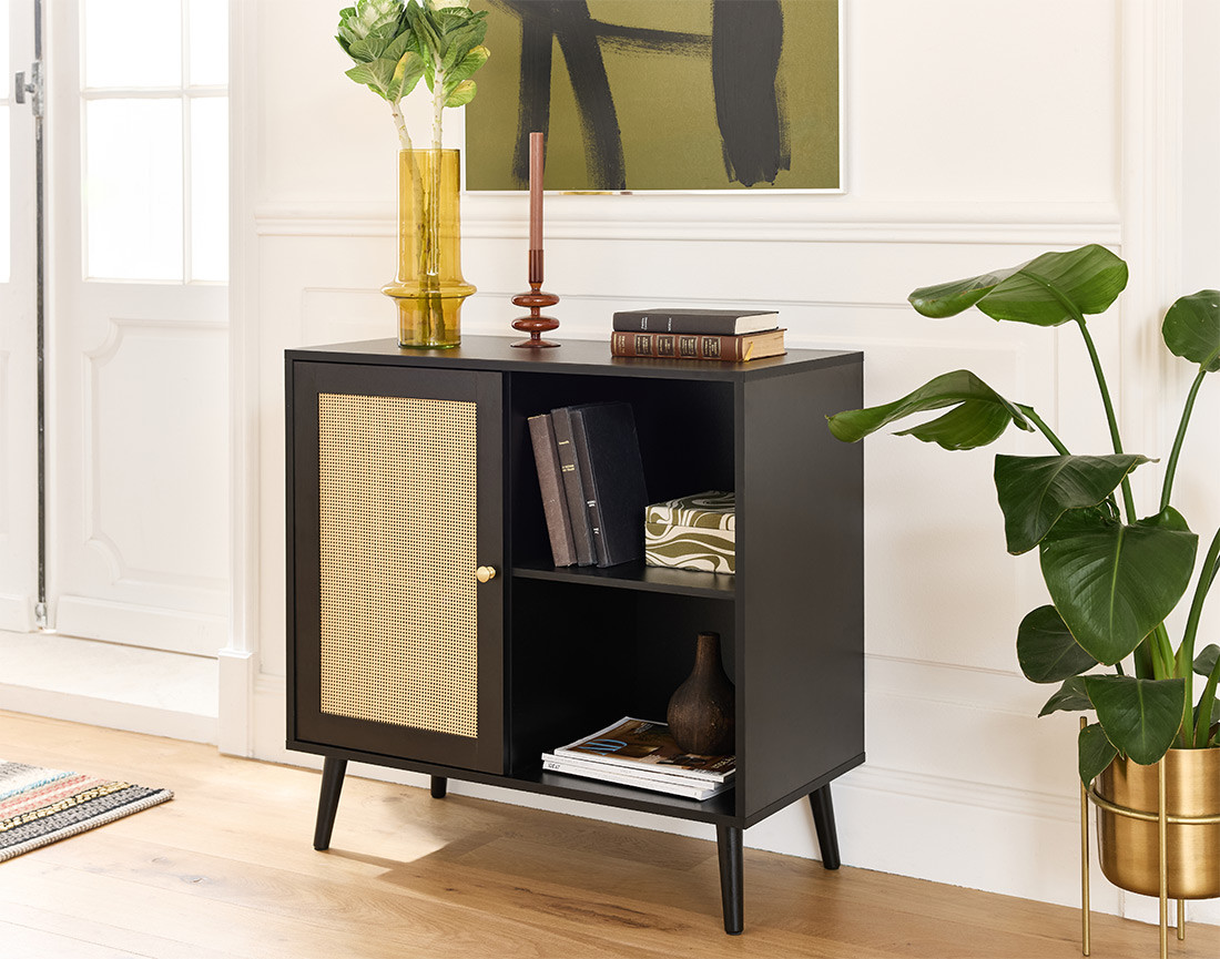 Buffet haut noir et cannage 2 niches et 1 porte 80 cm Goto