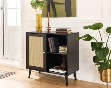 Buffet haut noir et cannage 2 niches et 1 porte 80 cm Goto