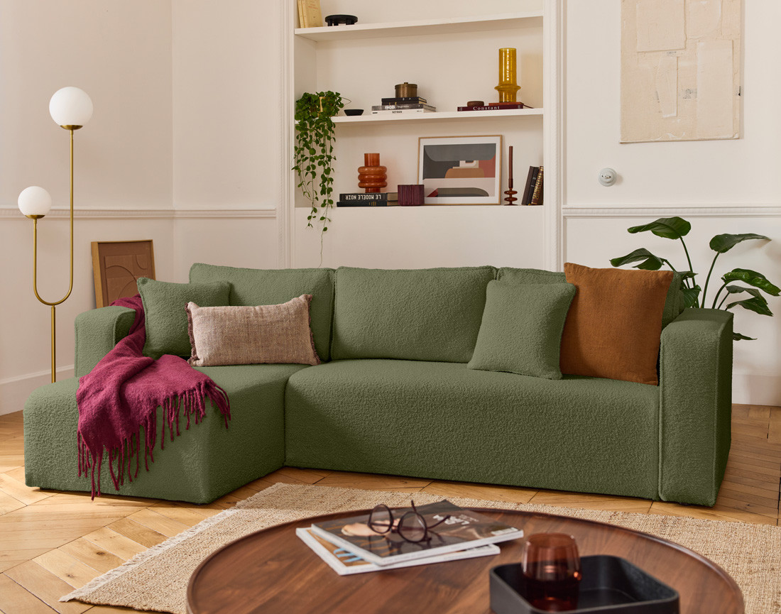 Canapé d'angle déhoussable réversible 4 places en tissu bouclette