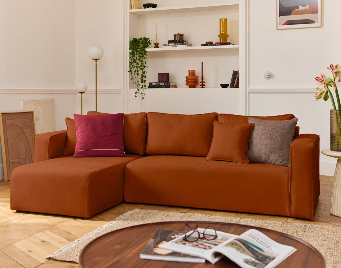 Canapé d'angle déhoussable réversible 4 places en tissu Topaze