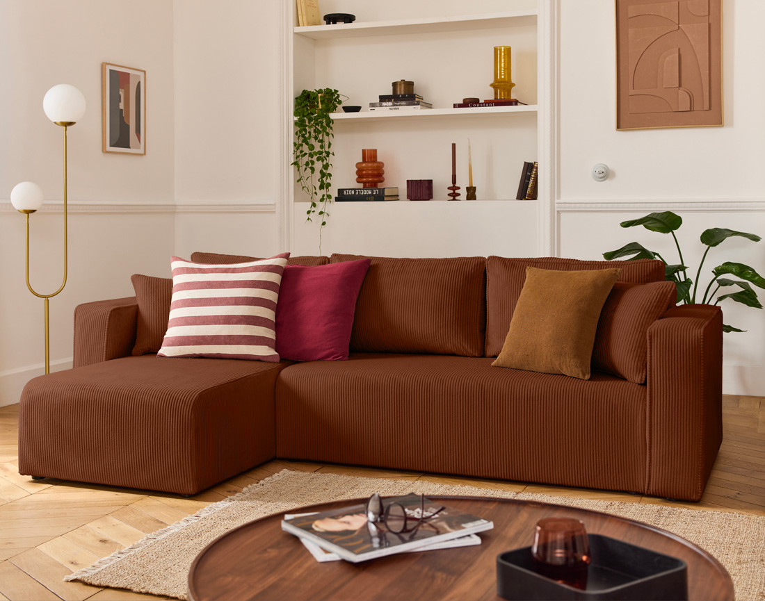 Canapé d'angle déhoussable réversible 4 places en velours côtelé Topaze