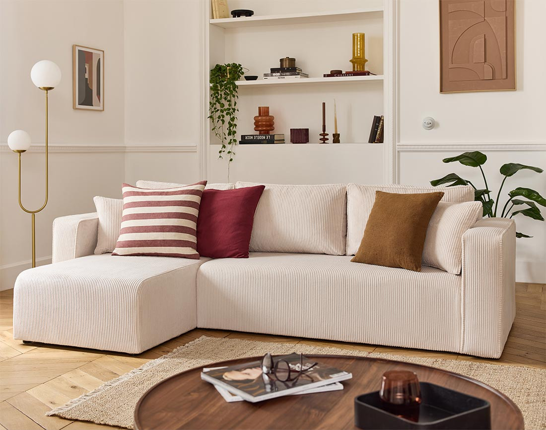 Canapé d'angle déhoussable réversible 4 places en velours côtelé Topaze Canapé d'angle déhoussable réversible 4 places en velours côtelé Topaze