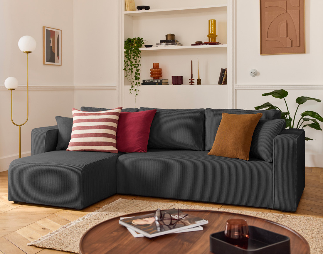 Housse en velours côtelé pour canapé d'angle réversible 4 places Topaze