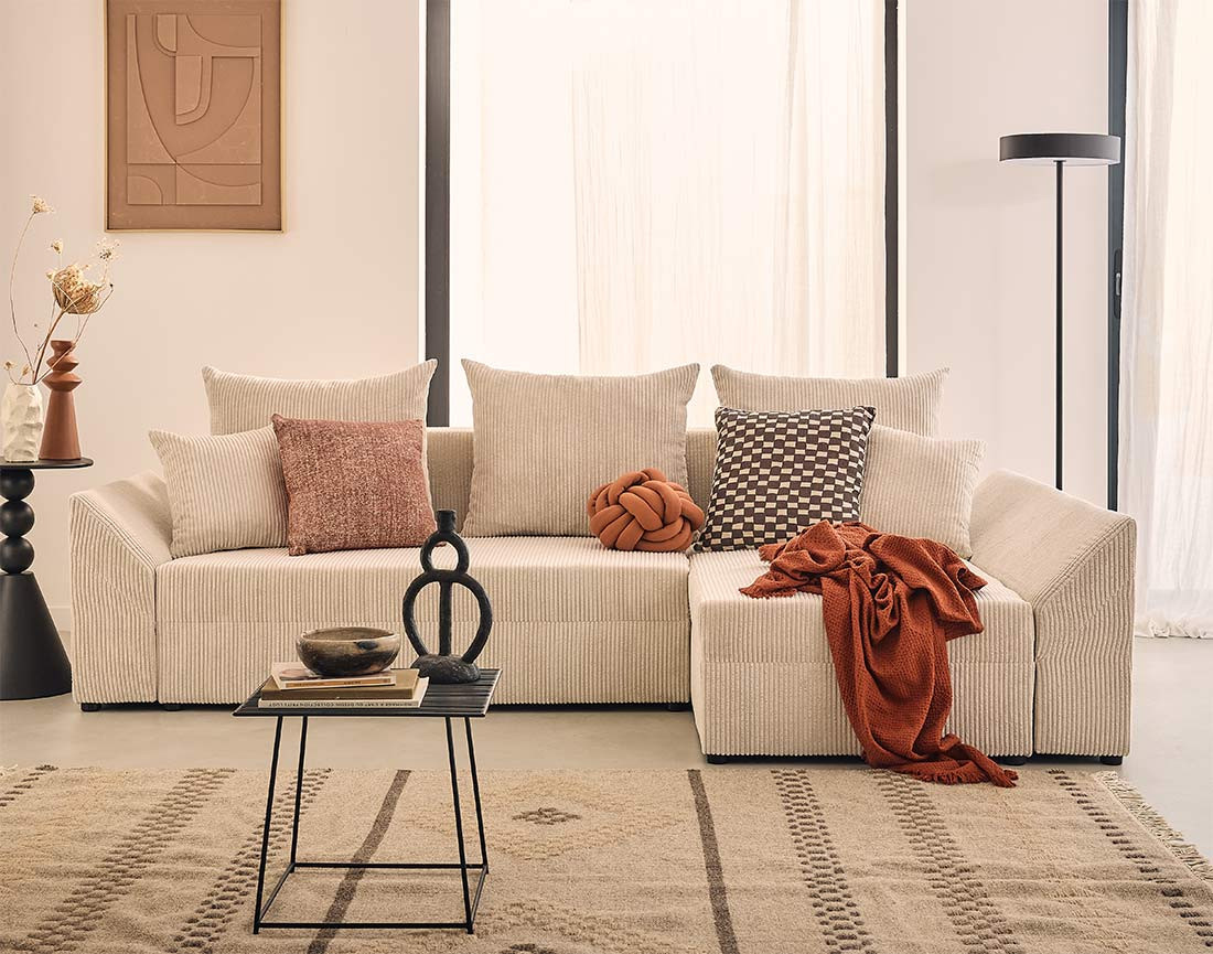 Canapé d'angle réversible 4 places convertible avec coffre en velours côtelé Mike