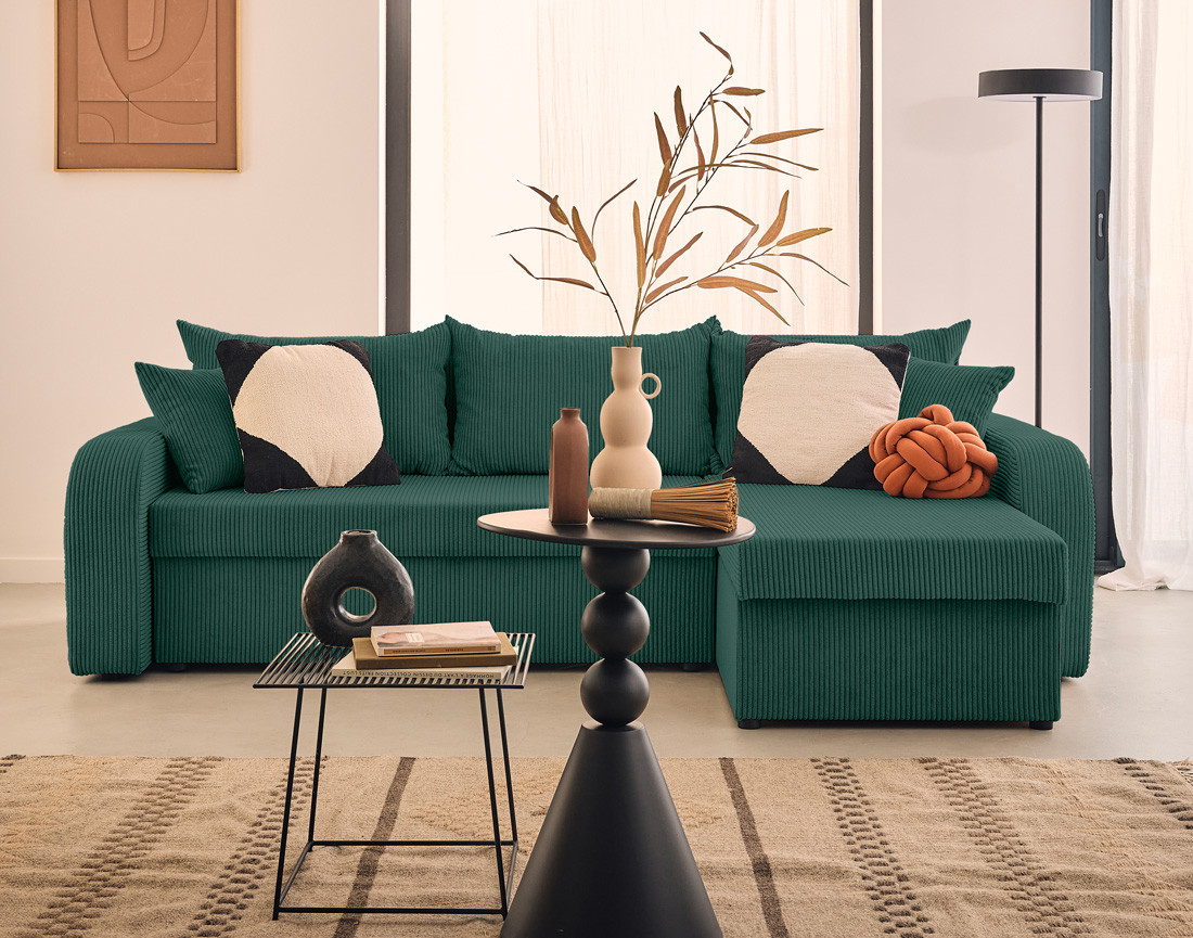 Canapé d'angle réversible convertible avec coffres 4 places en velours côtelé Valos