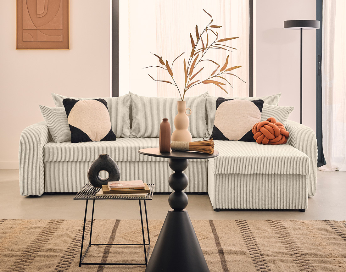 Canapé d'angle réversible convertible avec coffres 4 places en velours côtelé Valos