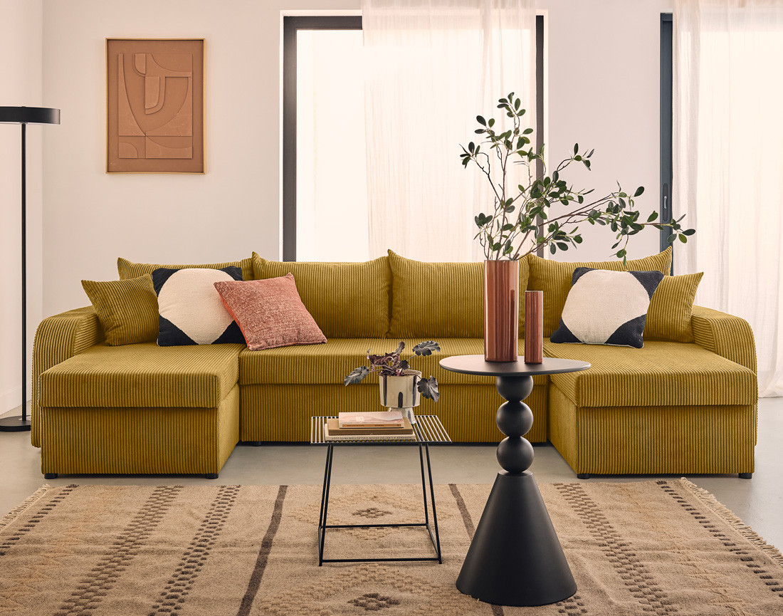 Canapé panoramique en U convertible avec coffres 7 places en velours côtelé Valos