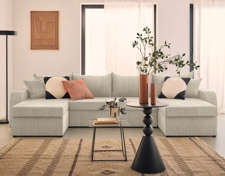 Canapé panoramique en U convertible avec coffres 7 places en velours côtelé Valos