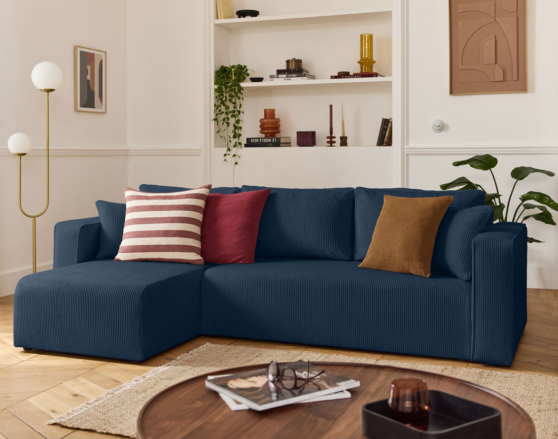 Canapé d'angle déhoussable réversible 4 places en velours côtelé Topaze