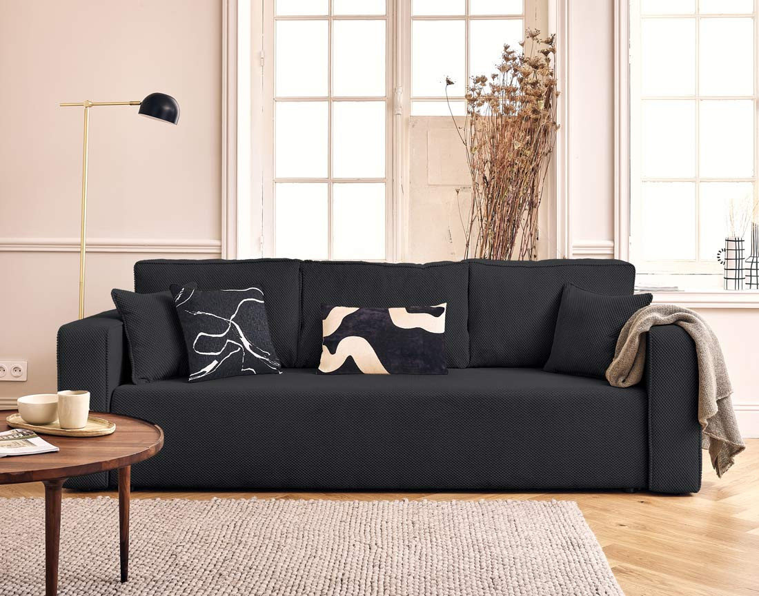 Canapé droit 3 places convertible avec coffre en velours texturé Topaze Canapé droit 3 places convertible avec coffre en velours texturé Topaze