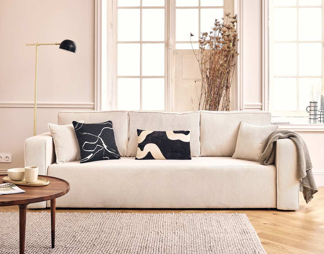 Canapé droit 3 places convertible avec coffre en velours texturé Topaze