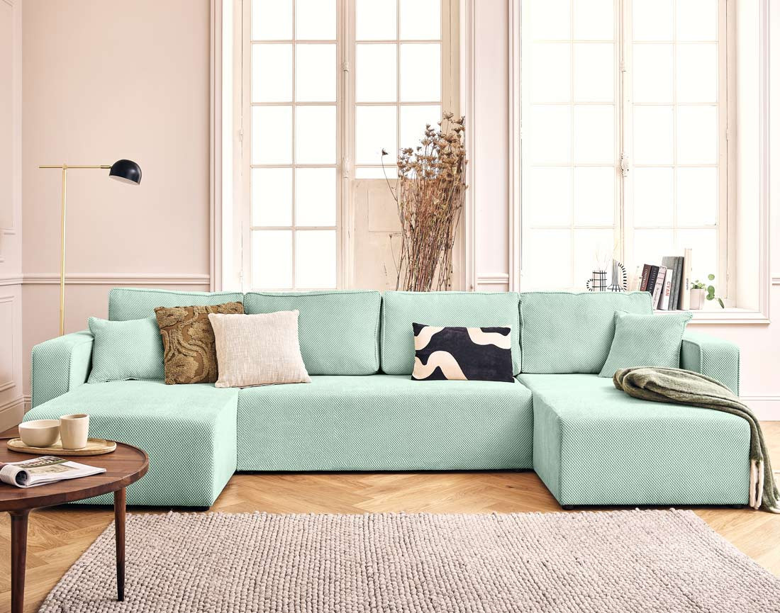 Canapé panoramique en U 7 places convertible avec coffre en velours texturé Topaze