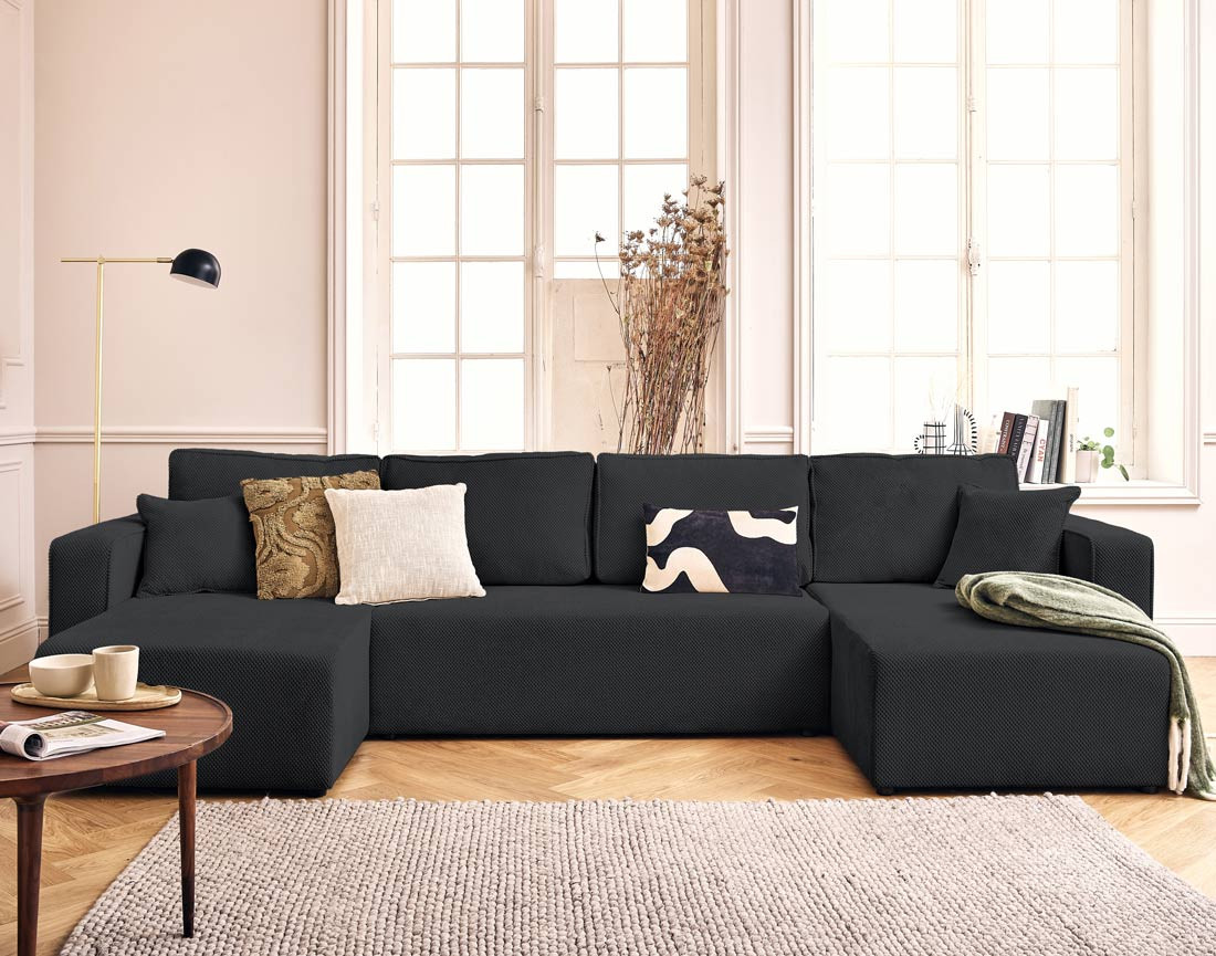 Canapé panoramique en U 7 places convertible avec coffre en velours texturé Topaze Canapé panoramique en U 7 places convertible avec coffre en velours texturé Topaze