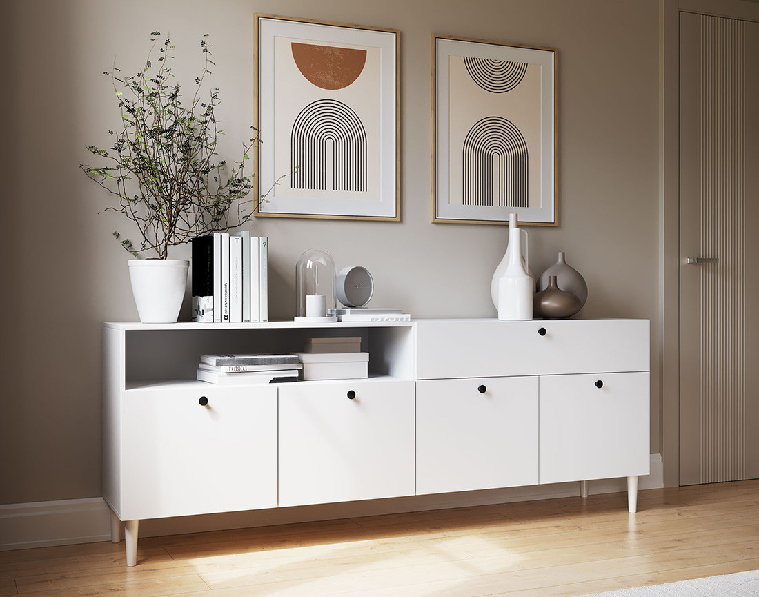 Buffet blanc 4 portes, 1 porte et 1 niche 200 cm Gaby