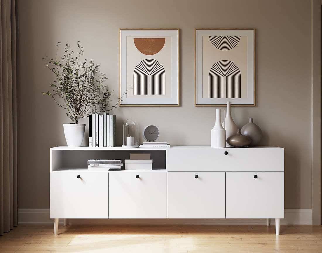 Buffet blanc 4 portes, 1 porte et 1 niche 200 cm Gaby