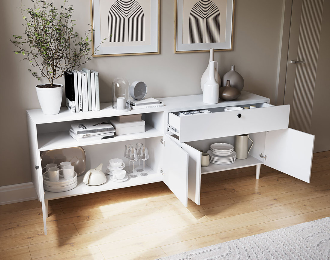 Buffet blanc 4 portes, 1 porte et 1 niche 200 cm Gaby