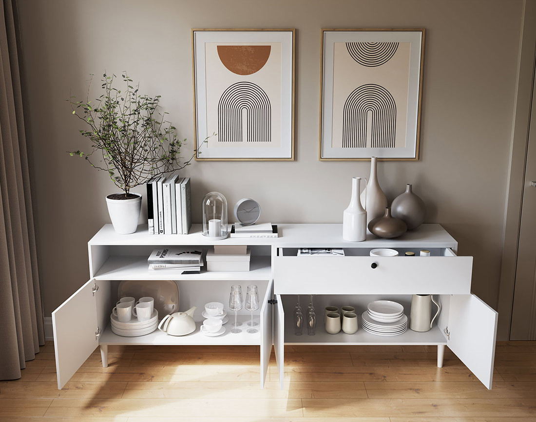 Buffet blanc 4 portes, 1 porte et 1 niche 200 cm Gaby