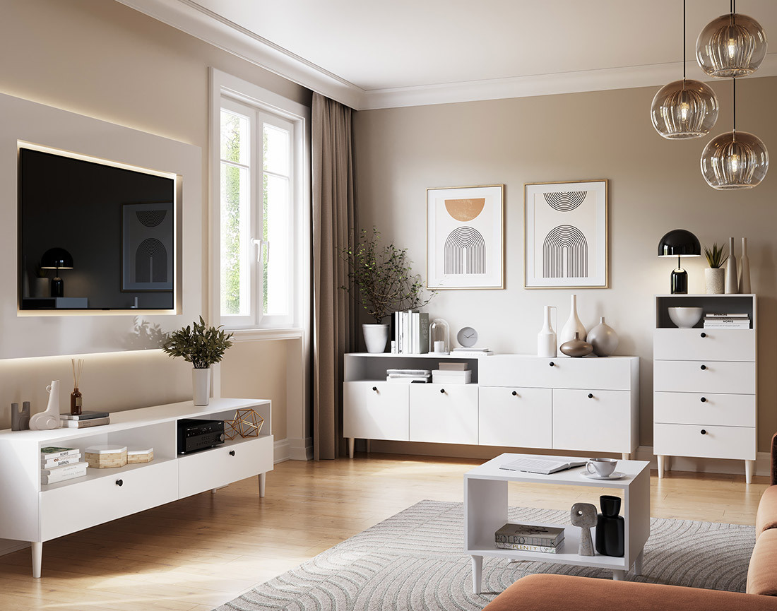 Buffet blanc 4 portes, 1 porte et 1 niche 200 cm Gaby