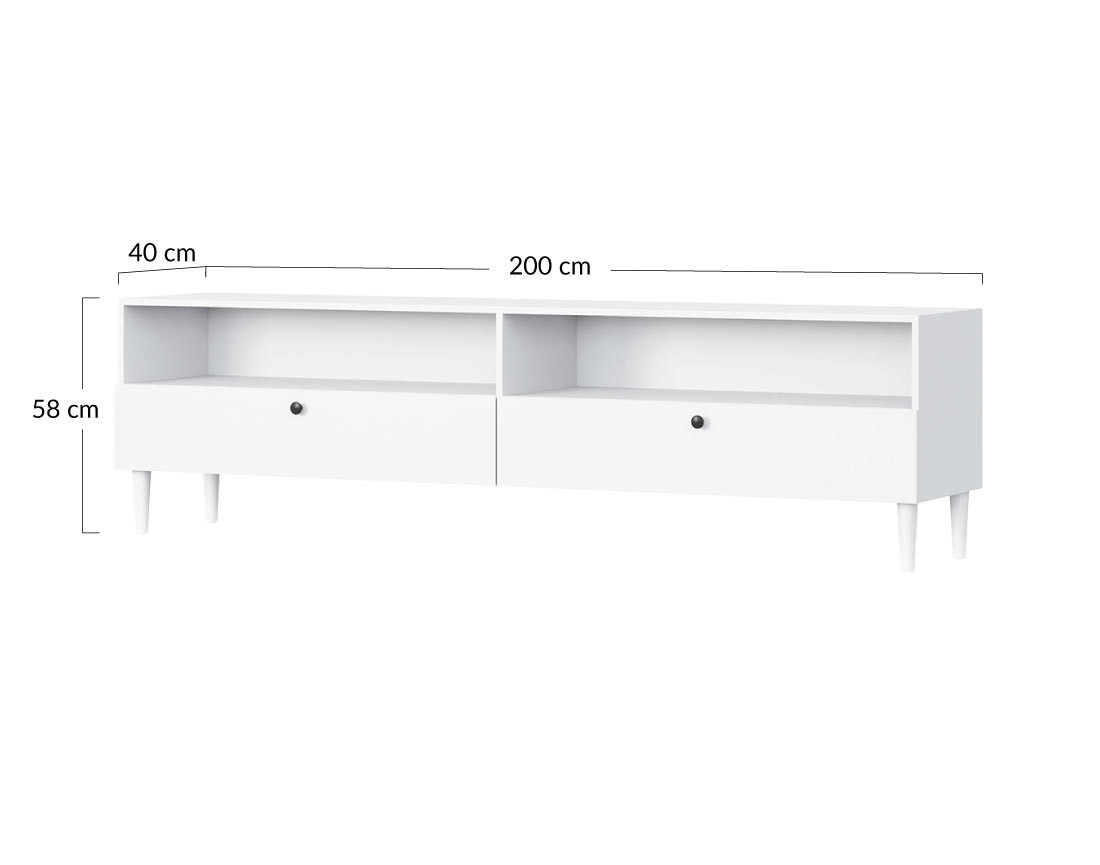 Meuble TV blanc 2 tiroirs et 2 niches 200 cm Gaby