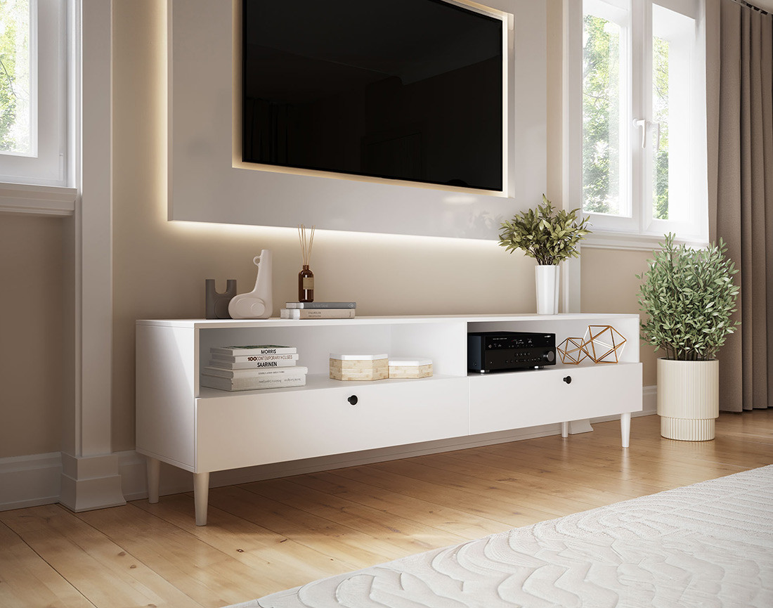 Meuble TV blanc 2 tiroirs et 2 niches 200 cm Gaby