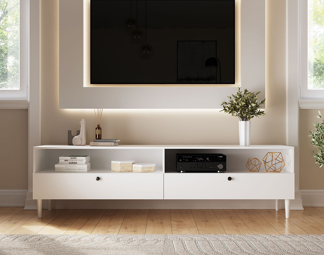 Meuble TV blanc 2 tiroirs et 2 niches 200 cm Gaby