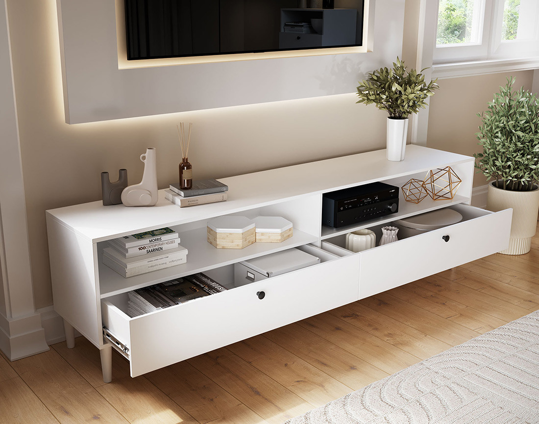 Meuble TV blanc 2 tiroirs et 2 niches 200 cm Gaby