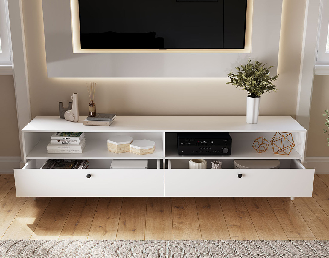 Meuble TV blanc 2 tiroirs et 2 niches 200 cm Gaby