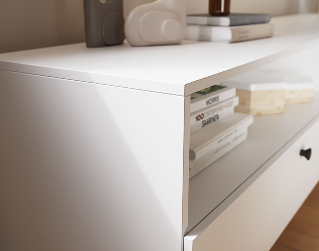 Meuble TV blanc 2 tiroirs et 2 niches 200 cm Gaby